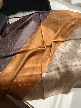 Source Unknown Three-Tone Polka & Geometric Silk Scarf in Brown, Gold, Cream
